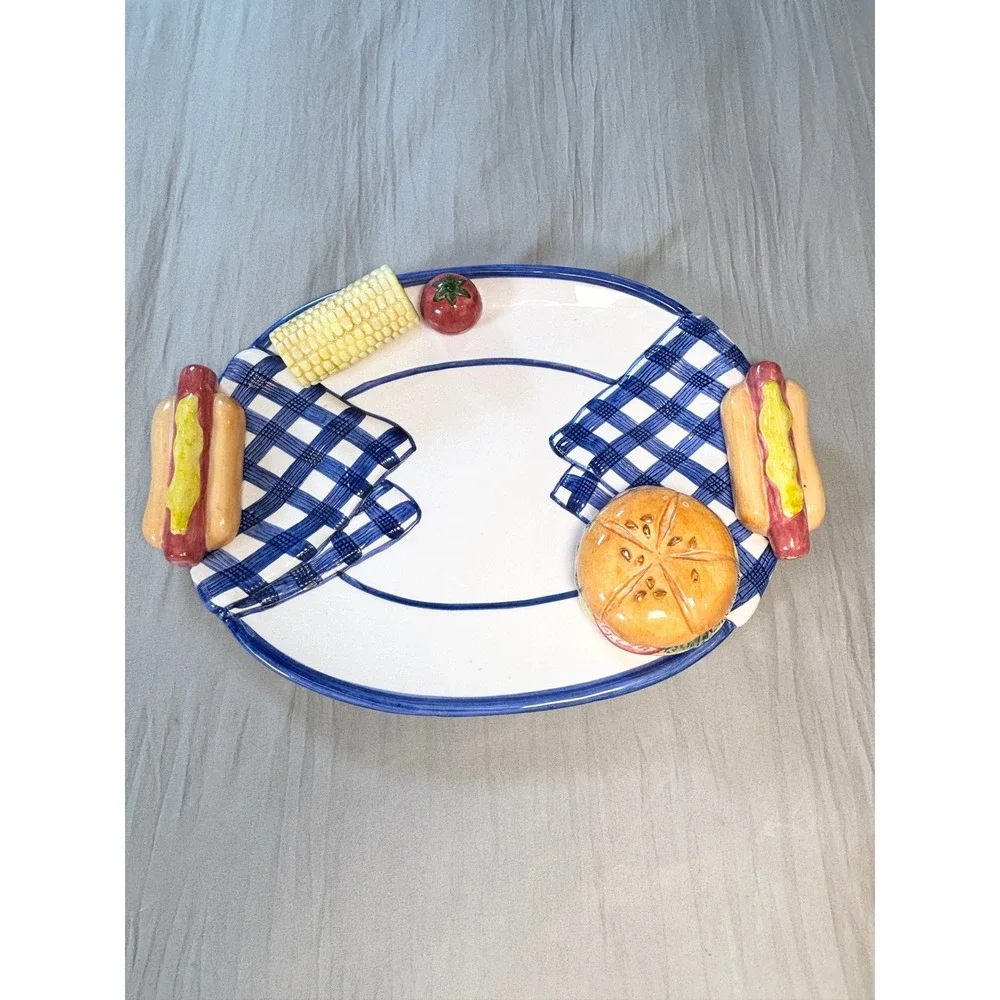 Vtg 90s lotus Ceramic BBQ Picnic Platter & Napkin Holder Set  Hot Dog hamburger